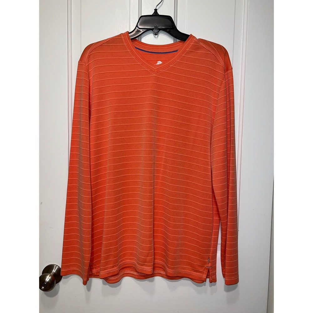 Tommy Bahama Mens Orange Striped V-Neck Long Sleeve Shirt Tencel Blend Medium